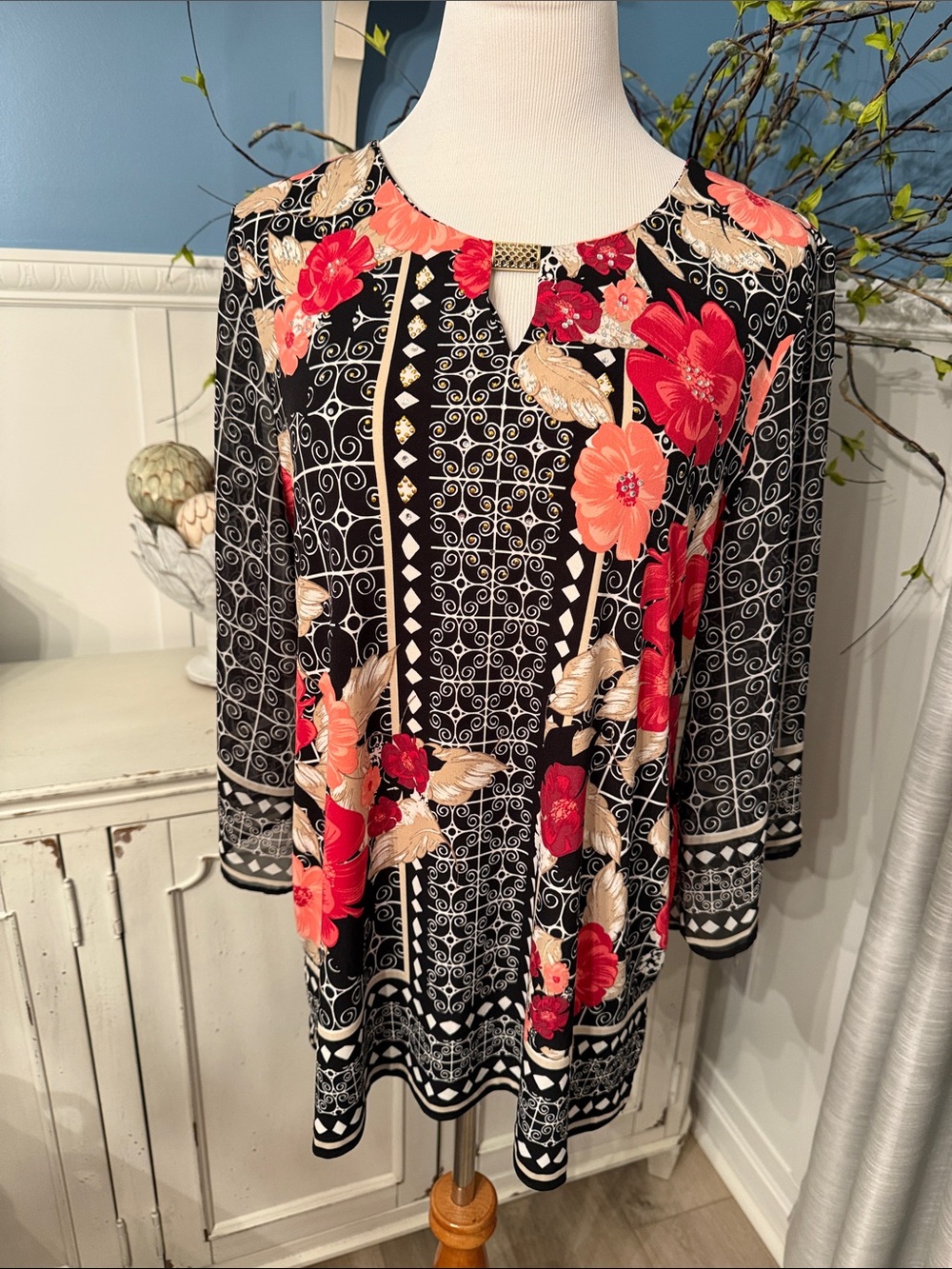 JM Collection Black Tunic with Coral and Cream Floral Print